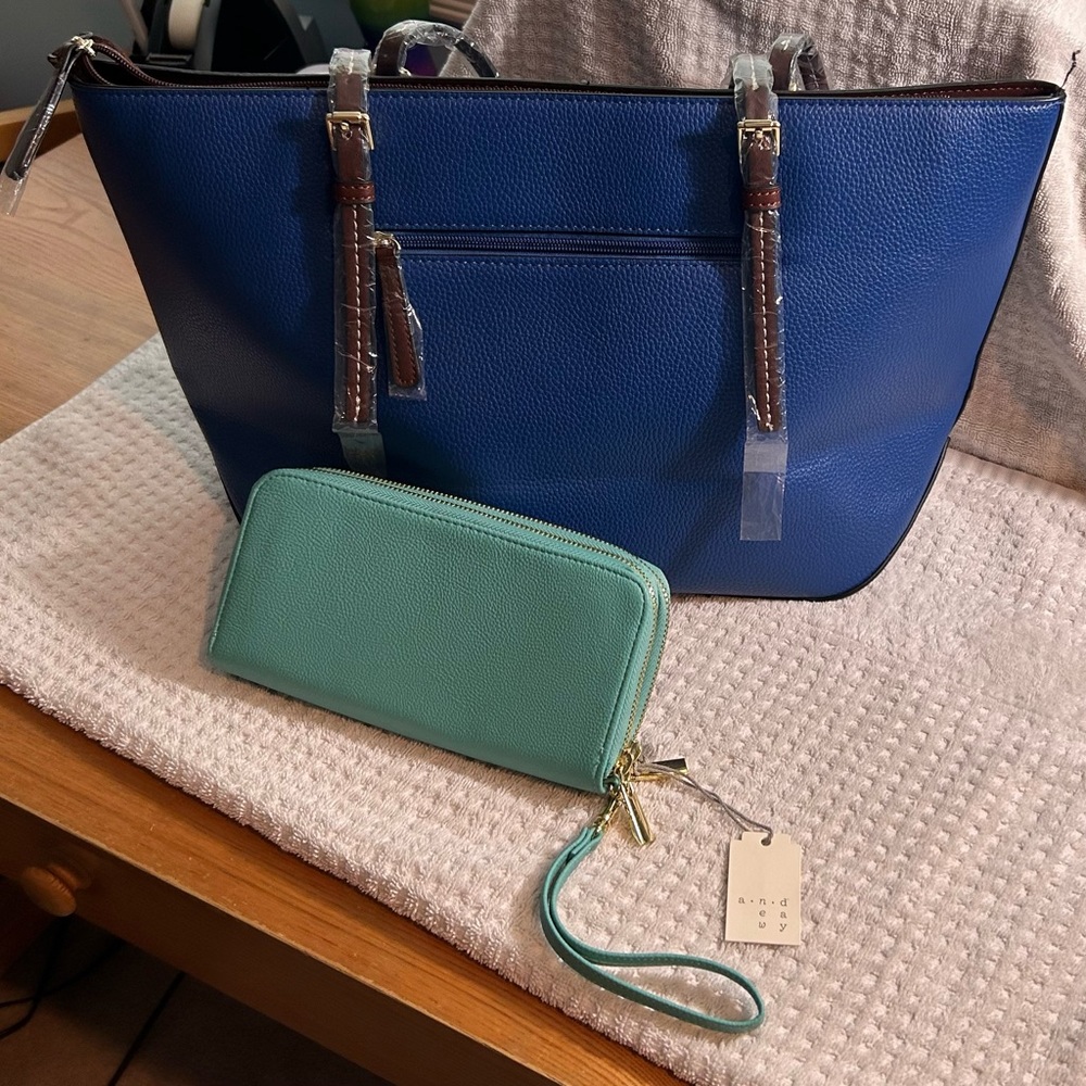 Dark Blue & Turquoise Blue Handbag and Wallet Set